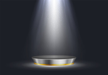 Round podium illuminated by spotlights. Empty pedestal for award ceremony or presentation. Vector illustration.