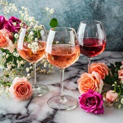 Put different colors of rose wine flat in the glass, spring flowers on the marble background