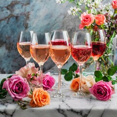 Put different colors of rose wine flat in the glass, spring flowers on the marble background