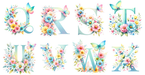 Pastel Spring Floral Alphabet - Letter Q to X. Floral Alphabet With Butterfly Clipart. Watercolor Design 