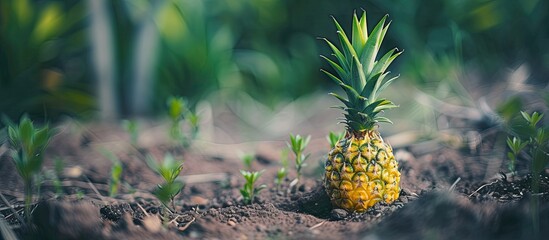 A small pineapple plant, still in its infancy, sits in the middle of a vast field, surrounded by greenery and under the open sky. - Powered by Adobe