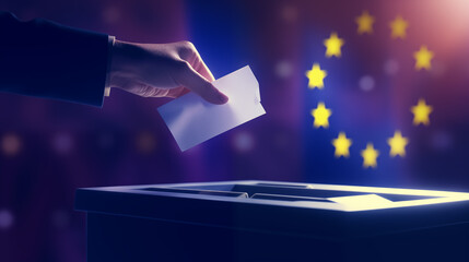 2024 European Union elections concept with European flag on background. A hand inserts the ballot into the ballot box.  - obrazy, fototapety, plakaty