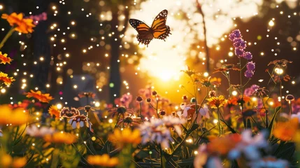 Fotobehang A vibrant butterfly alights on blooming flowers against a backdrop of enchanting sunset bokeh lights. © doraclub