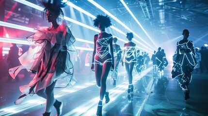 Models strut down the runway in a futuristic fashion show, adorned in neon-lit outfits under the dynamic glow of laser lights.