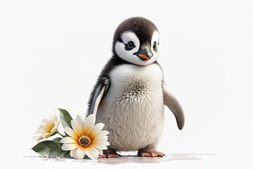 Fototapeta premium Cute sweet baby Penguin with flower, nursery art style, cartoon character for postcard, birthday, greeting card