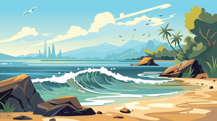 Palm beach with sand sea. Tropical beach landscape - obrazy, fototapety, plakaty