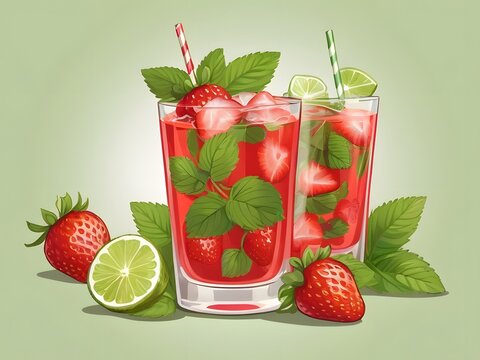 illustration of two glasses of strawberry and mint mojito with ice. Ai