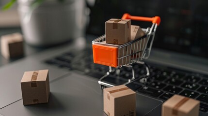 A miniature shopping cart with boxes on a laptop keyboard symbolizing online shopping and e-commerce.