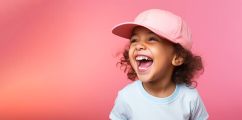Charming little girl with a radiant smile in a summer cap on a pink background