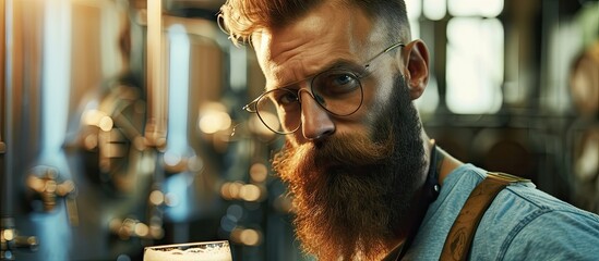 A man with a full beard is holding a glass of beer, appearing to sample the brew. The setting seems to be a craft brewery, suggesting the man might be the brewer inspecting his creation.