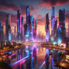 Fototapeta na wymiar a futuristic cityscape at dusk, where towering skyscrapers are illuminated with vibrant neon lights, generative ai