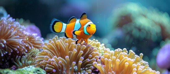 Naklejka na ściany i meble Vibrant clown fish swimming gracefully among colorful sea anemone tentacles in ocean reef