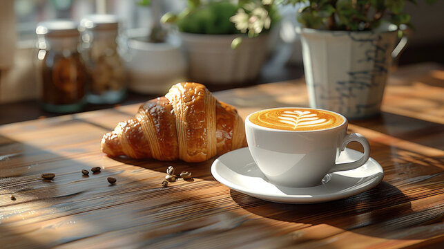 A cup of cappuccino and a croissant on a wooden table,generative ai