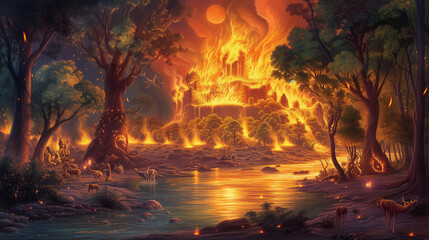 Wrath of the Flames: Portraying the Burning of the Khandava Forest in Mahabharata - obrazy, fototapety, plakaty