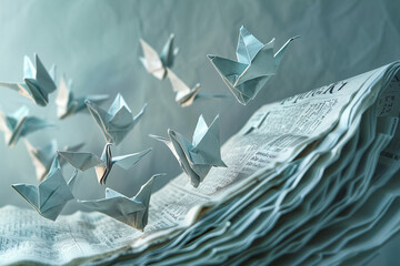 A creative composition of a financial newspaper turning into a flock of origami birds, symbolizing the freedom of financial growth.