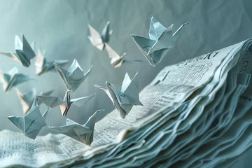 Fotobehang A creative composition of a financial newspaper turning into a flock of origami birds, symbolizing the freedom of financial growth. © Solid