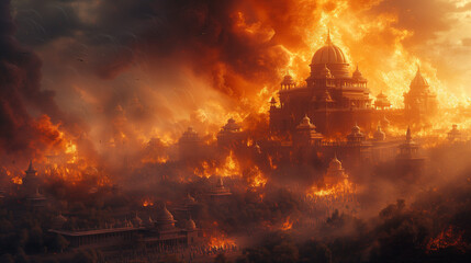 Conflagration of Fate: Visualizing the Burning of the Khandava Forest in Mahabharata - obrazy, fototapety, plakaty