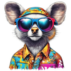 portrait of a raccoon with sunglasses in the style of a hipster.