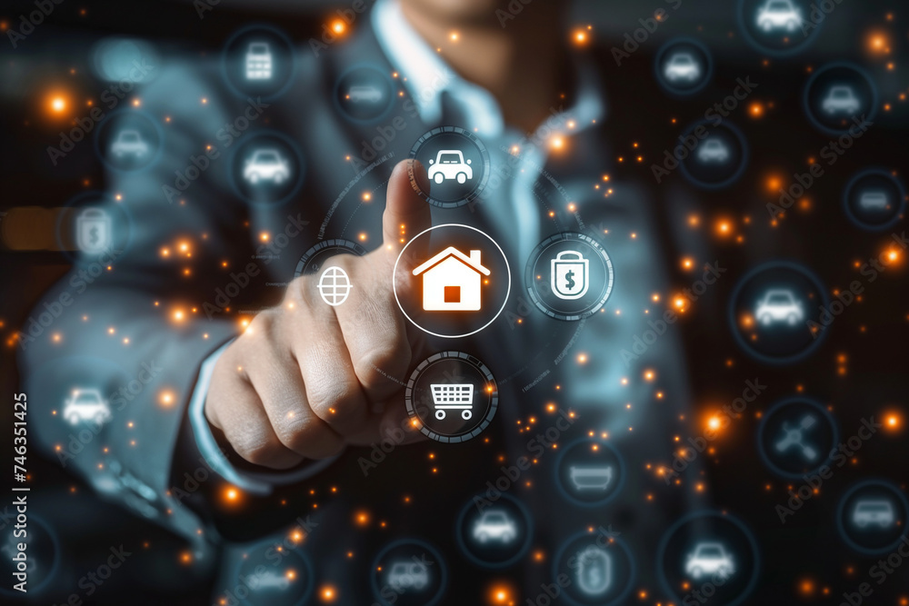 Poster businessman point to the screen to select icons in the category they want to check data, contact com