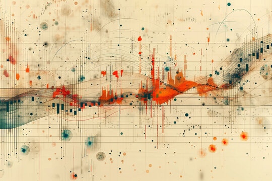An intricate network of interconnected line graphs and scatter plots against a soft beige background, highlighting financial trends and data correlations.