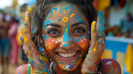 Fototapeta premium A Smiling Woman with a Colorful Face Enjoying Holi Outdoors