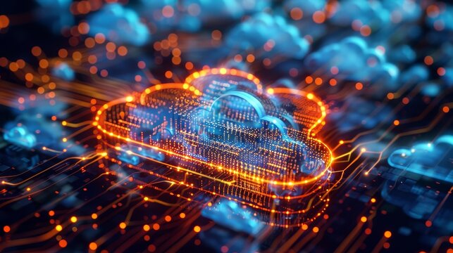 Visualize a high-tech cloud computing environment, emphasizing the intricate patterns of connectivity and data