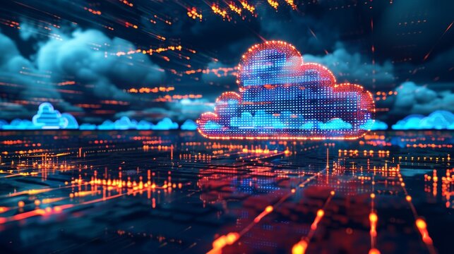 Visualize a high-tech cloud computing environment, emphasizing the intricate patterns of connectivity and data