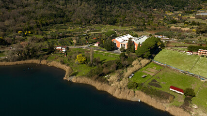 Aerial view of the Roman Ship Museum in Nemi, near Rome, Italy. The palace was built to house two...