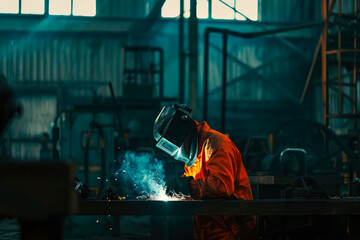 A professional welder is welding metal in a factory. Welder wearing a welding helmet and orange coverall.