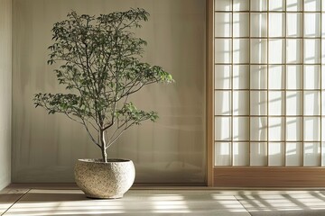 Room with Potted Plant Texture Background, Organic Stone Carvings, Light Beige, Architectural Mockup