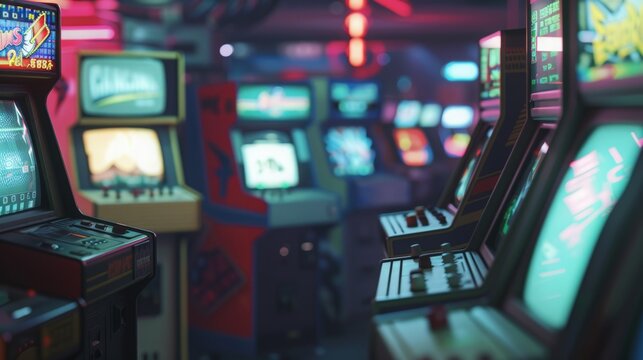 Vibrant neon lights illuminate a lineup of classic arcade cabinets, evoking a sense of 80s nostalgia and digital entertainment