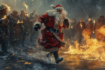 Fototapeta premium Bad Santa, Burning Santa Claus Runs Away from an Angry Crowd, Old Bearded Man Runs Away