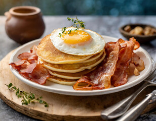 American breakfast - pancakes with bacon and egg, selective focus image.
