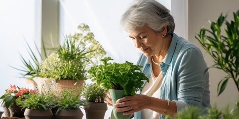 Obraz premium Woman Caring for House Plants, Taking Care of Home Garden, Elderly Gardening, Retired Female