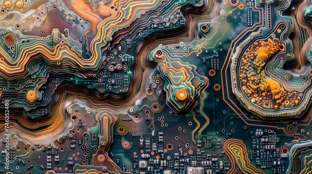 Poster zoom into the intricate world of circuit boards, where technology and art converge in complex patter