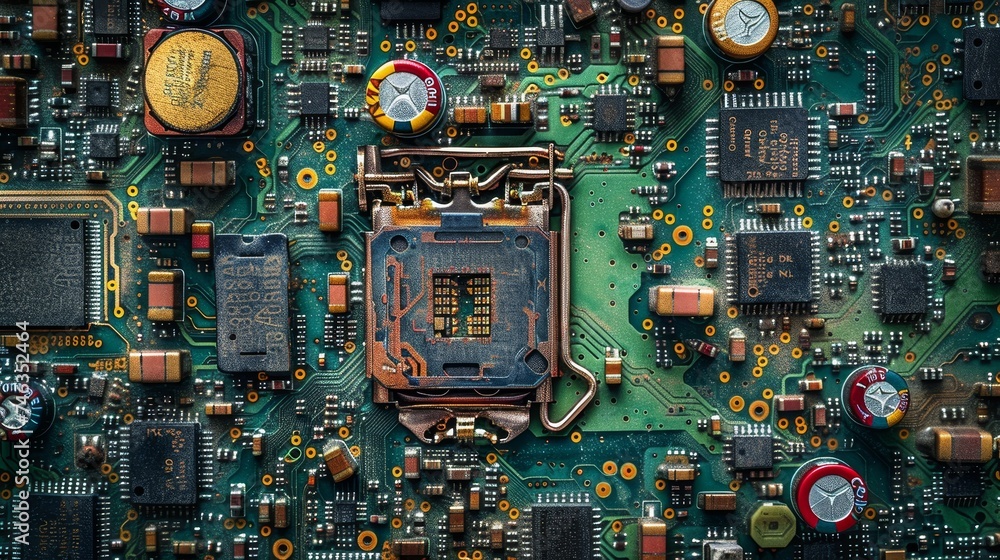 Poster zoom into the intricate world of circuit boards, where technology and art converge in complex patter