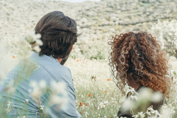 Couple and future dreams concept lifestyle enjoying nature in outdoor travel leisure activity. Man...