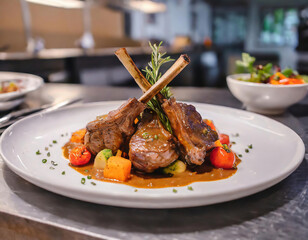 Grilled lamb chops with vegetables and sauce on white plate in restaurant
