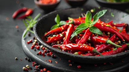 Fotobehang The cayenne pepper boasts a slim, subtly tapered, and slender profile with a curved tip, embodying the essence of spicy cuisine  © Kateryna Kordubailo