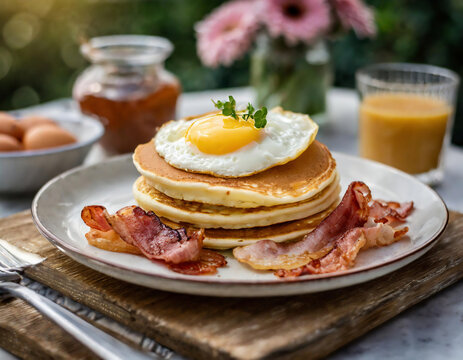 American breakfast - pancakes with bacon and egg, selective focus image.