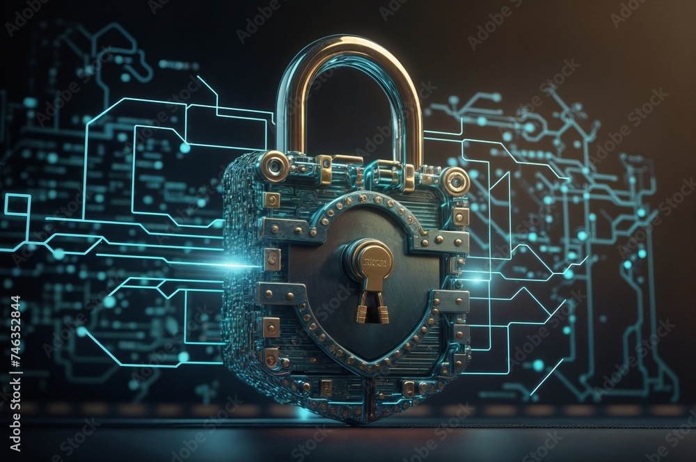 Poster cyber security concept. open padlock on circuit board background.