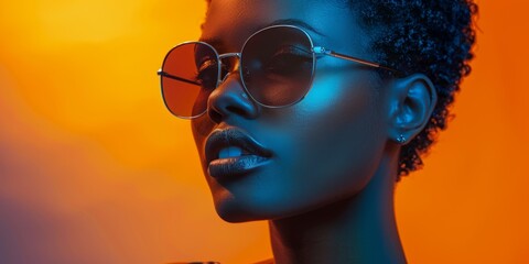 model in sunglasses on blue and yellow background Fashion Generative AI - obrazy, fototapety, plakaty