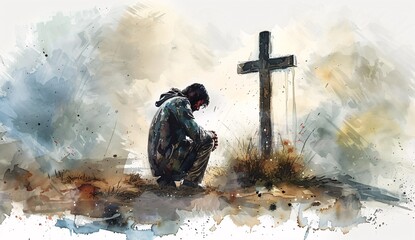 a man kneeling in front of a cross - obrazy, fototapety, plakaty