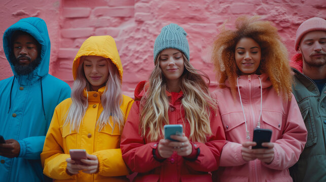 Multiethnic group of friends interacting with their smartphones. Lifestyle and digital generation,generative ai