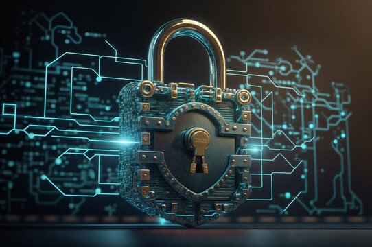 Cyber security concept. Open padlock on circuit board background.