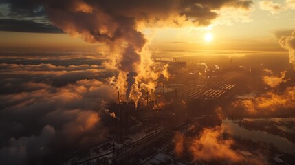 industry metallurgical plant dawn smoke smog emissions bad ecology aerial photography