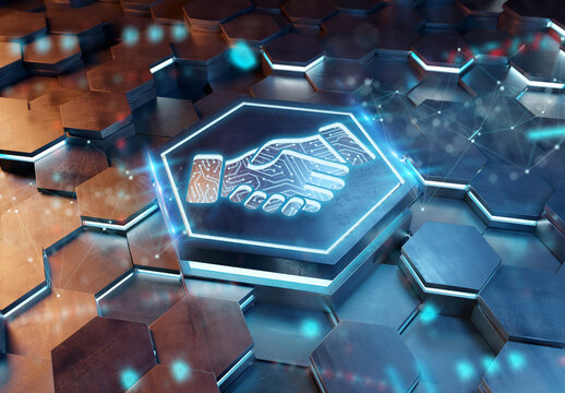 Handshake icon concept engraved on metal hexagonal pedestral background. Partnership logo glowing on abstract digital surface. 3d rendering