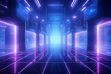 Futuristic Hallway With Neon Lights and Blue Light. Generative AI.