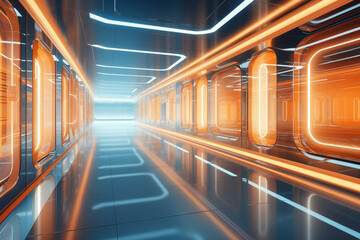Fototapeta premium Long Hallway With Orange and Blue Lights. Generative AI.