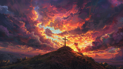 Sacred Crucifix Silhouette Against a Dramatic Sunset Sky Signifying Redemption and Faith - obrazy, fototapety, plakaty